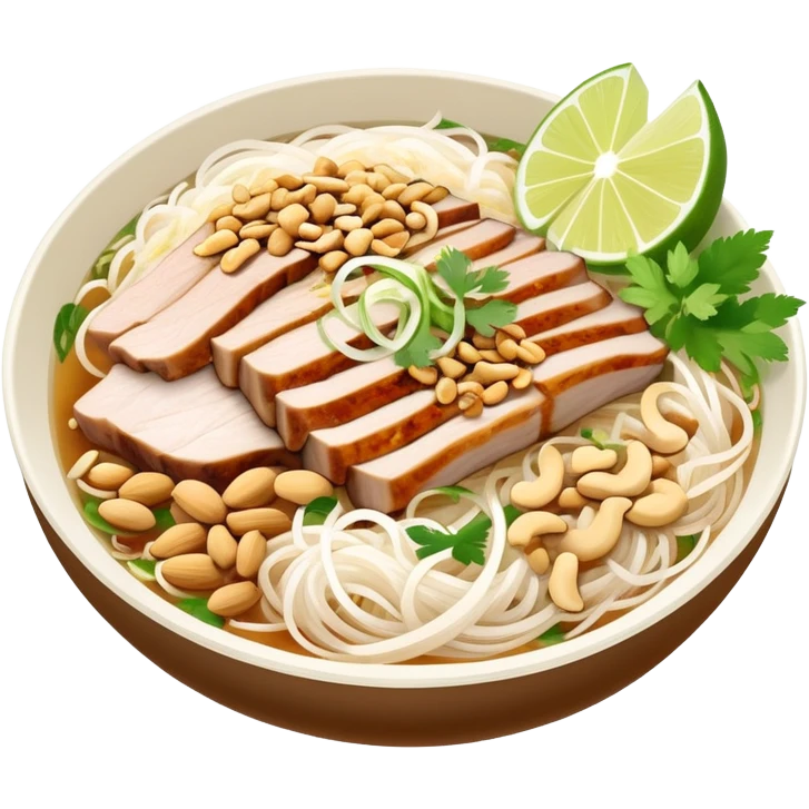 A bowl of Vietnamese Bún Thịt Nướng - rice vermicelli noodles with grilled pork, herbs, bean sprouts, and fish sauce emoji