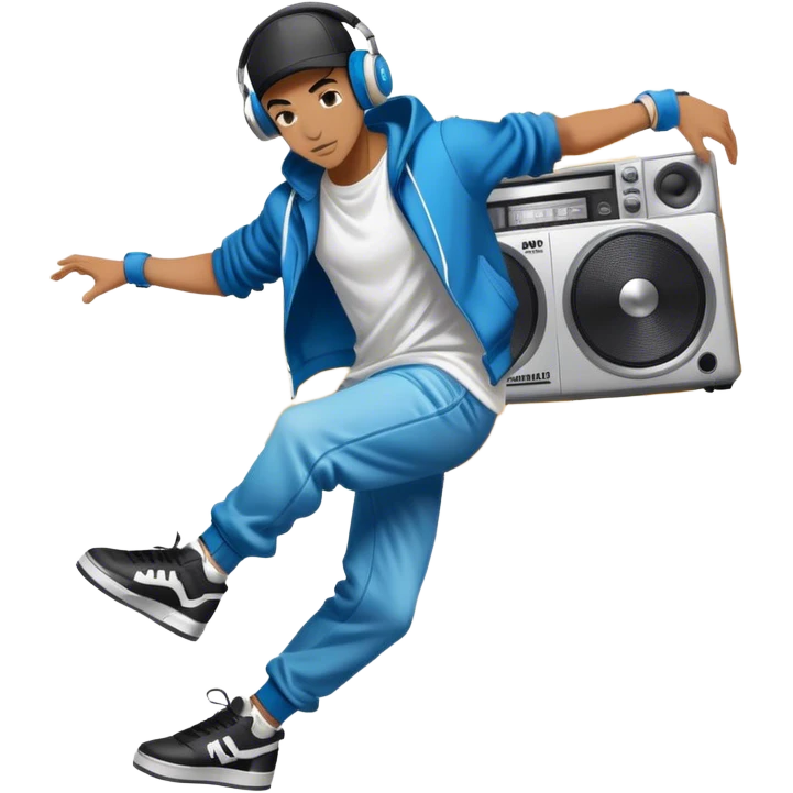 Icon for Street Dance: a dancer in urban streetwear performing a dynamic breakdance move, with a spray-painted background,  boombox  and headphones. The icon should represent the energy, style, and creativity of street dance culture. Transparent background. emoji