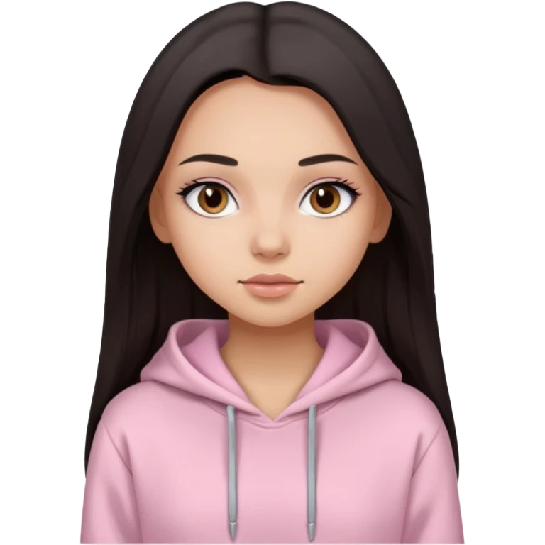 A pretty girl with light skin and long straight black brown hair, wearing a very light pink basic hoodie with brown eyes and makeup and a round face emoji