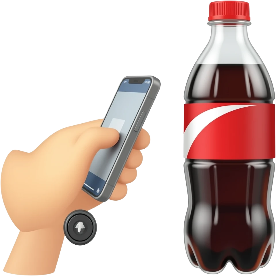 hand gripping a smartphone, phone camera pointed at a soda bottle , scanning action, no text emoji