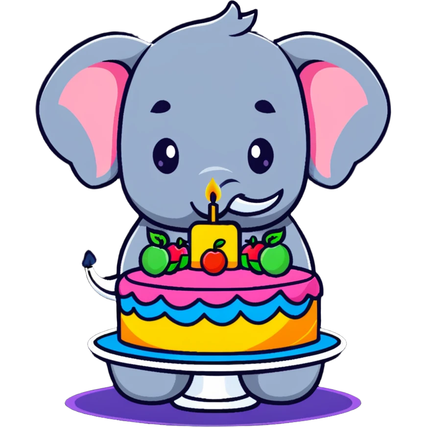 elephant beside one colorful candle-lit fruit cake emoji