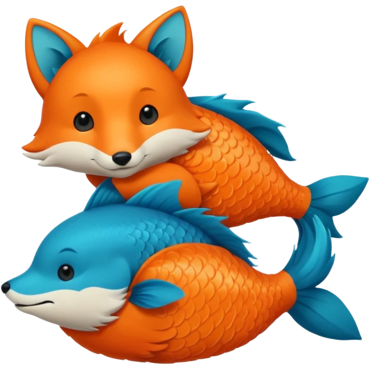 Make a bright orange fish and a teal blue fox that are hugging or cuddling each other emoji