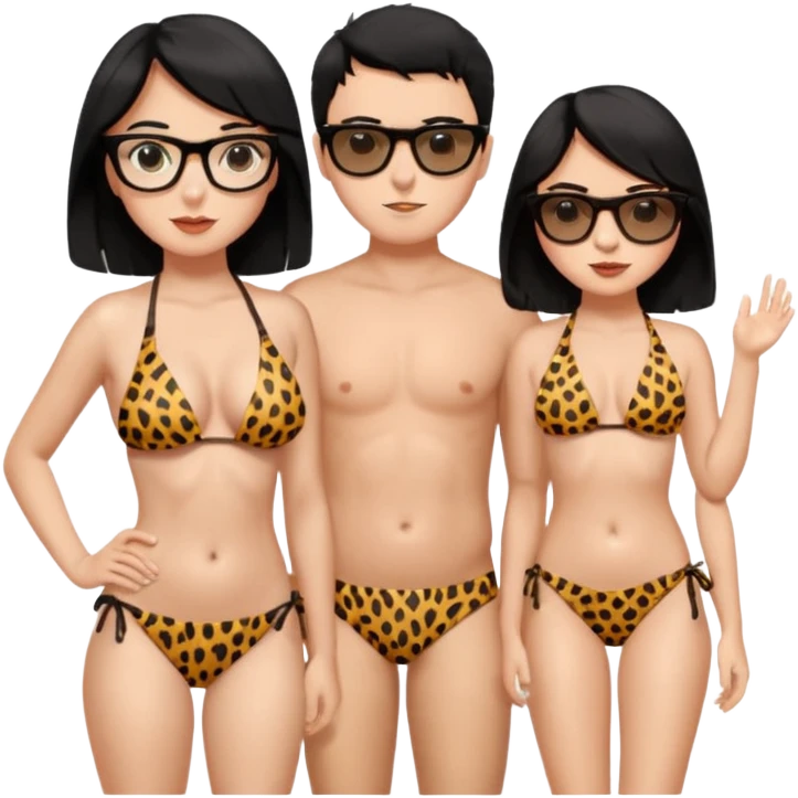 black haired girl with big boobs with shades on... wearing a cheetah print bikini standing with a boy with black hair wearing glasses and shirt less emoji
