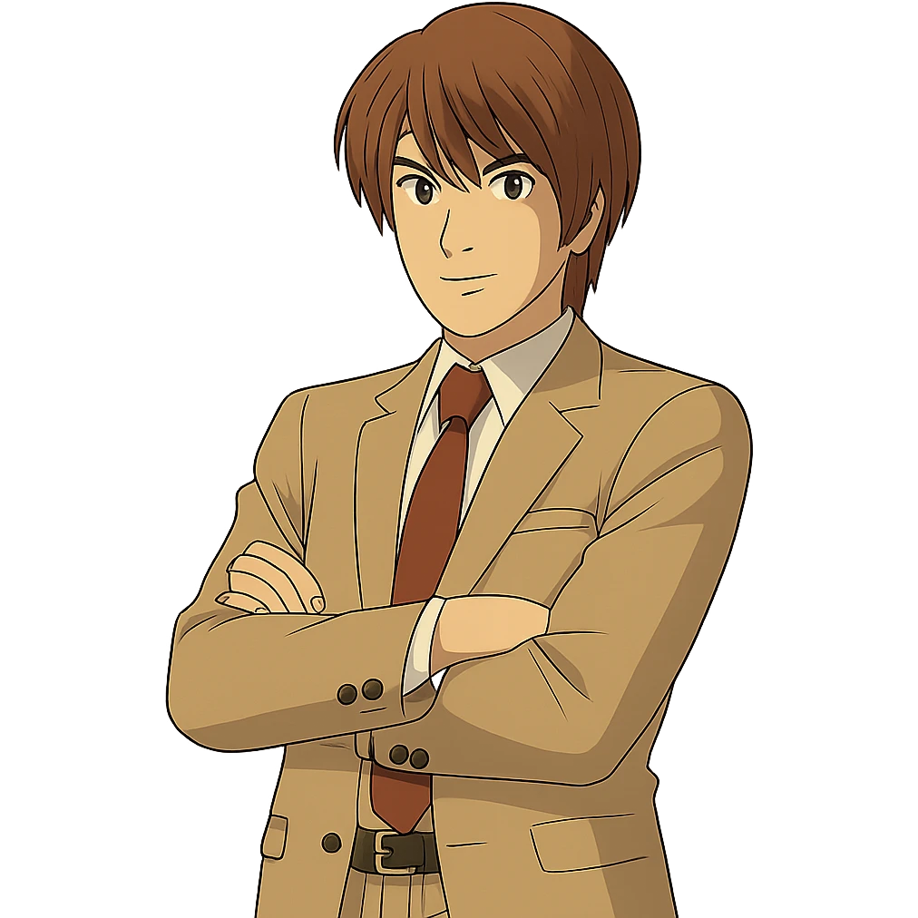 Create an exact Light Yagami in Ghibli style, standing with his arms crossed, wearing the same suit, and maintaining the same confident expression. The background should be transparent. emoji