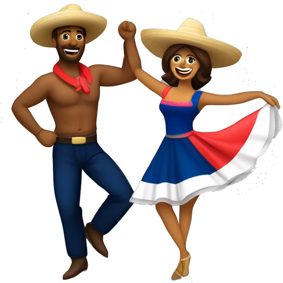 pareja de hombre y mujer bailando danza folcórica chilena llamada cueca. El hombre usa sombrero de huaso y la mujer usa vestido  emoji
