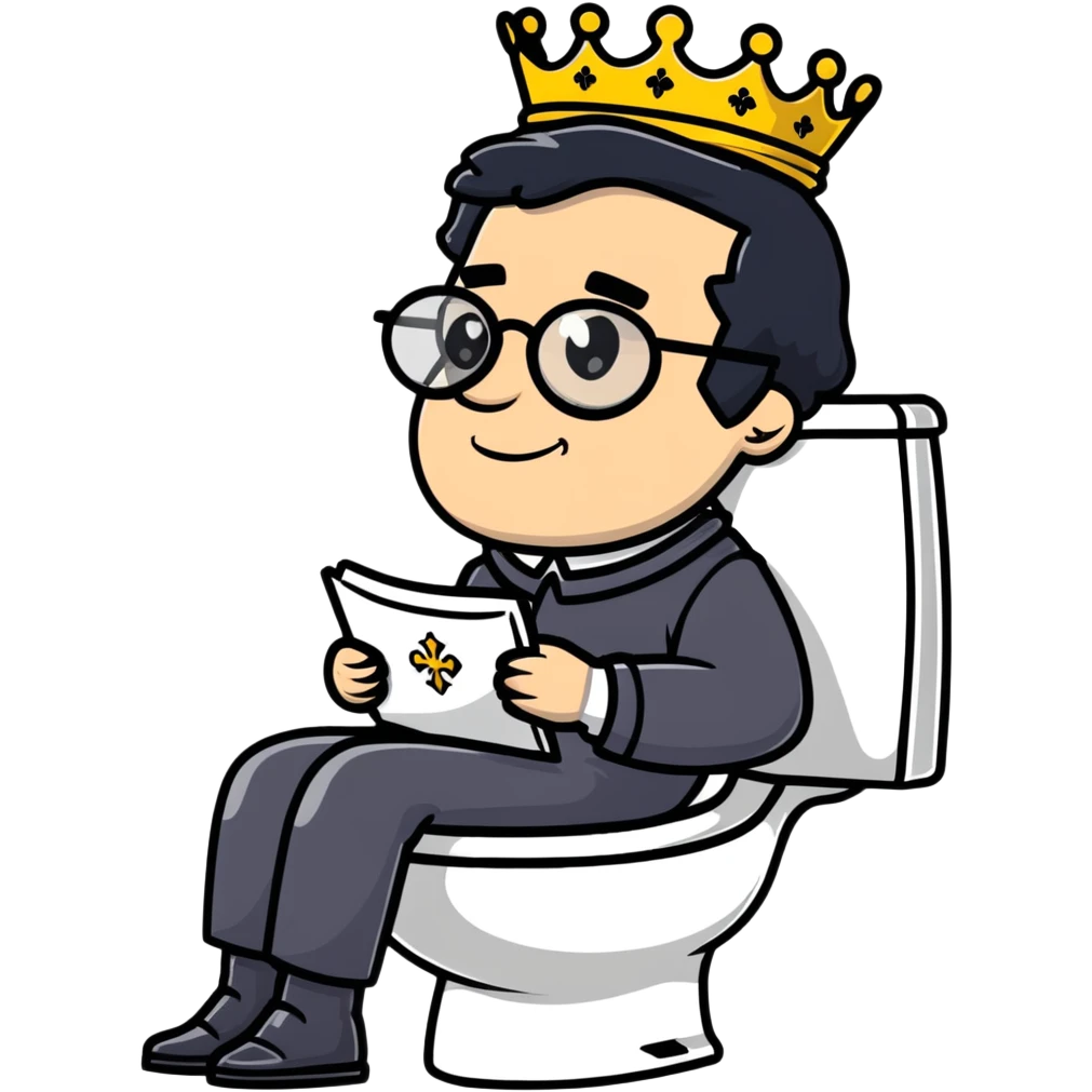 King Charles III with crown sitting on a toilet, wearing round glasses and black hair emoji