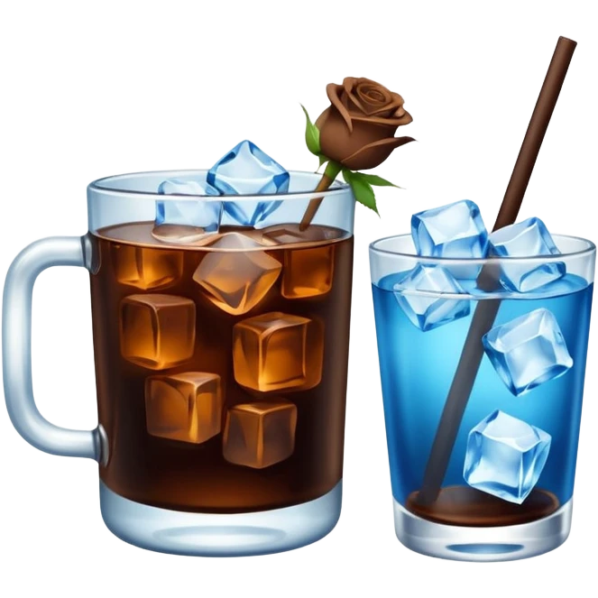 Cold brew coffee with mini roses blue light and small size mini glas cup with ice cubs emoji