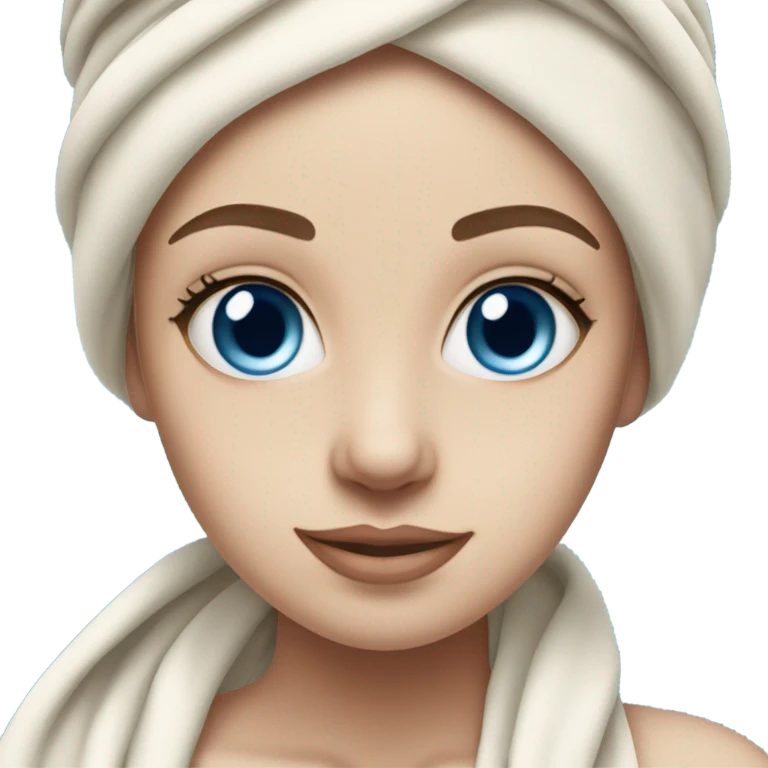 fair skinned girl towel on head and skin care mask on face blue eyes emoji