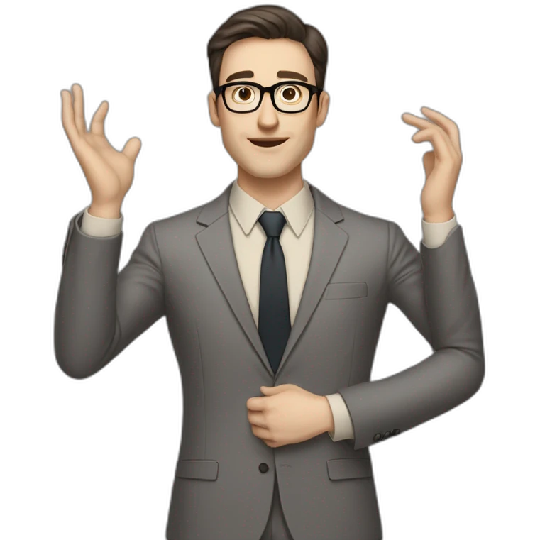 Full height Pale skinned Fit Man With dark brown hair in classic gray suit, beige office shirt, dark gray tie, and vintage glasses. Thrumbs of his palms directed up emoji
