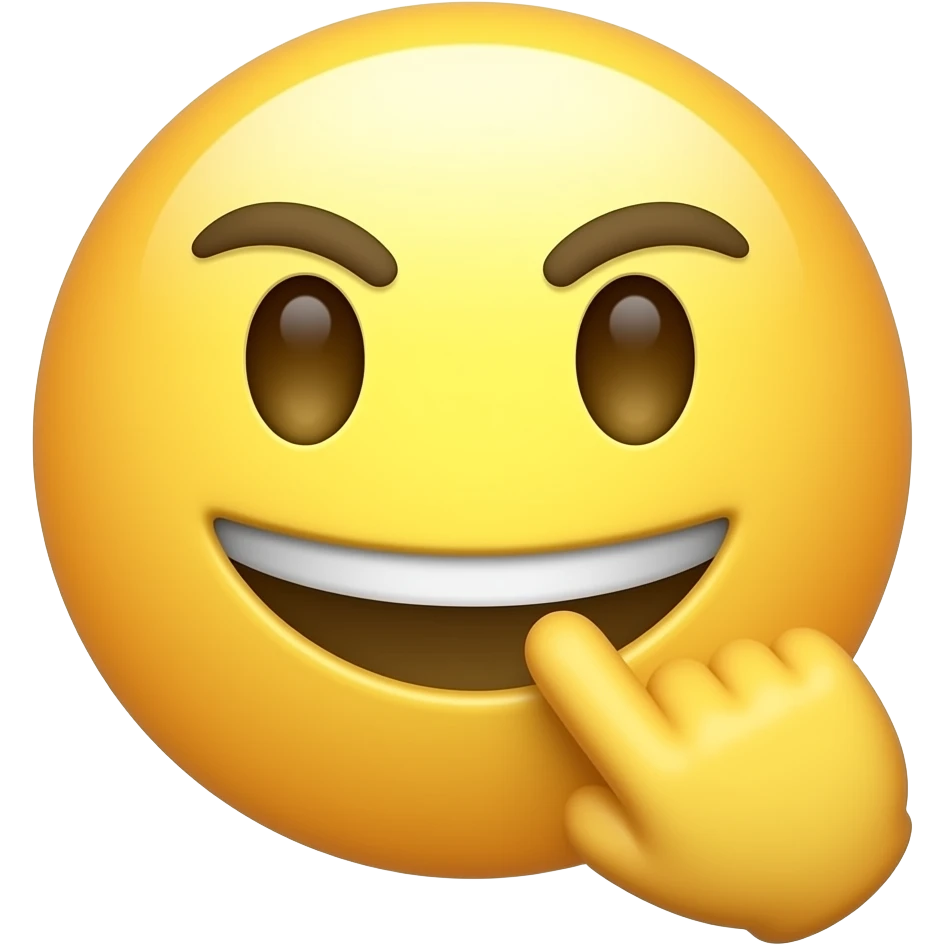A classic 3D glossy yellow emoji face. The emoji has a playfully mischievous smirk, one eyebrow slightly raised, and is biting its own index finger in a teasing, flirty way. Clean solid white background, high-quality vector 3D render. emoji