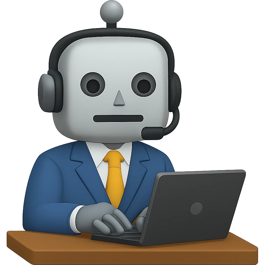 Make the recruiter robot emoji more masculine in a flat, Apple style. The robot should be at a desk, wearing a headset, and typing on a laptop. The background should be transparent. emoji