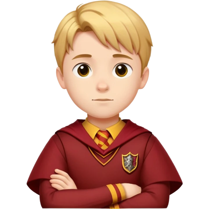 A young boy slightly to the side looking forward with crossed arms wearing the Gryffindor uniform emoji