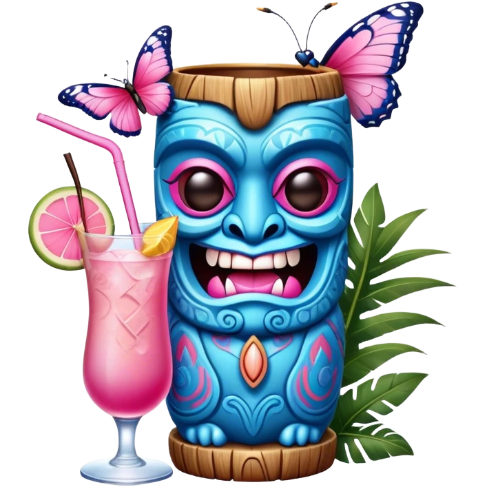 Pixar style little Blue and pink tiki singing with a butterfly and tropical drink, ultra detailed and lifelike imagery, realistic emoji