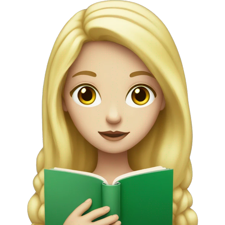 White skinned girl with green eyes and golden hair holding a book emoji