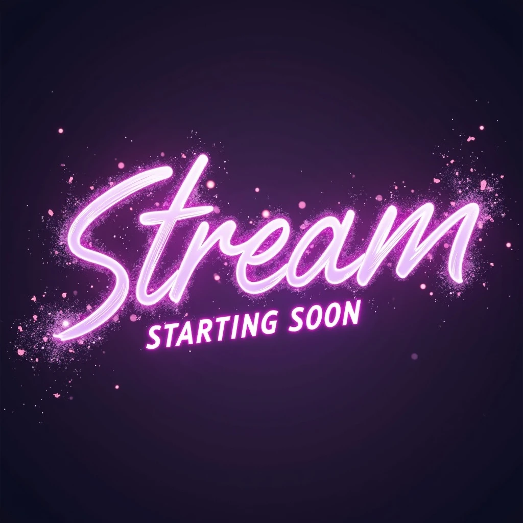 "stream starting soon" cyberpunk style text splash overlay lavender emoji