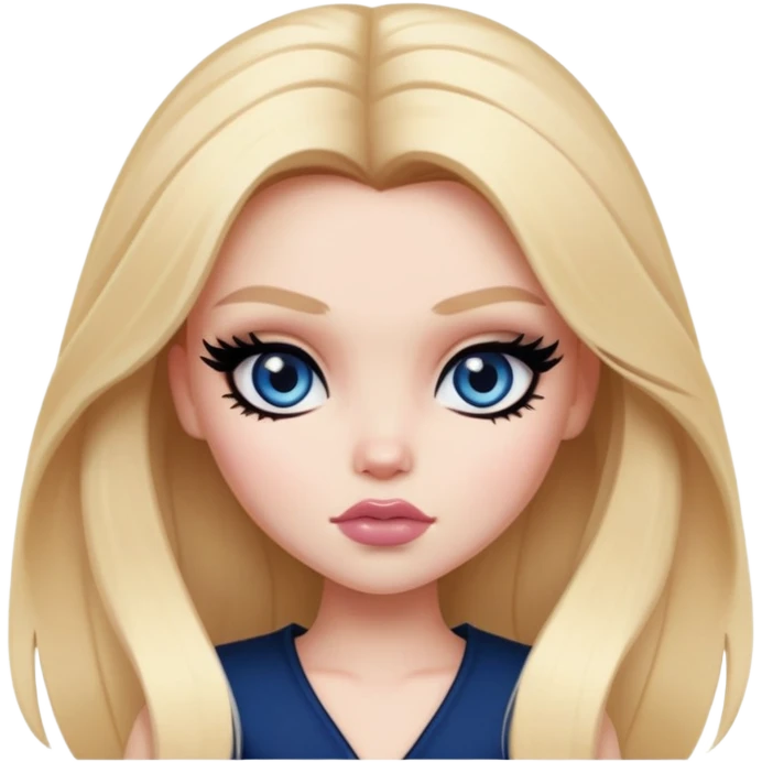  long blonde hair, pale skin, dark blue eyes, pretty bratz baddie, black eyeliner, blush emoji