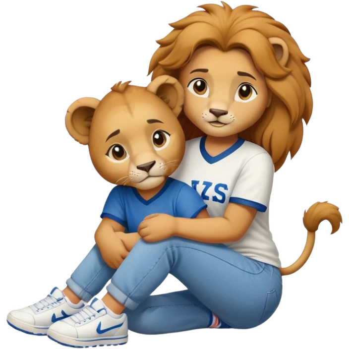 friendly anthropomorphised female lion wearing a baseball shirt, jeans, and trainers, on her hunches, comforting a friend emoji