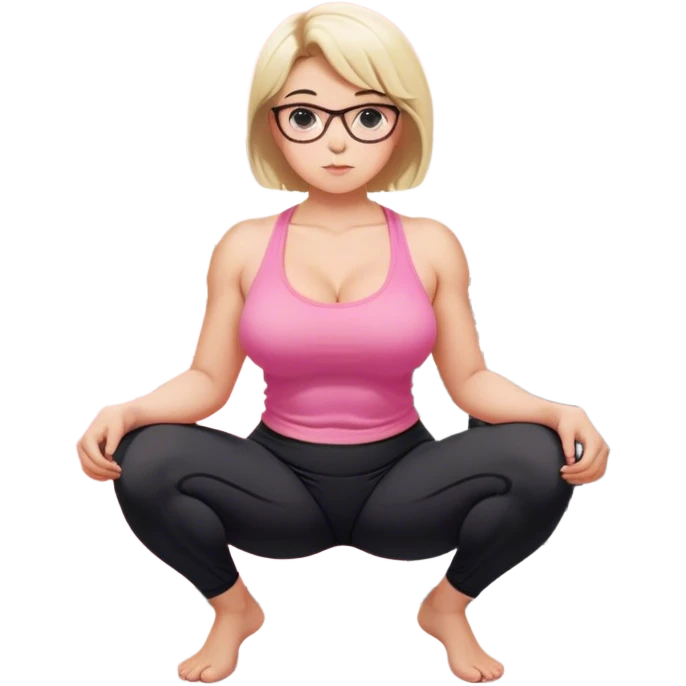 view from quarter angle, fair skinned woman, thick milf, short blond hair, small reading glasses, squatting down in kitchen, pink loose tank top, showing natural B cup breast shape SFW, black yoga pants, large curvy booty emoji