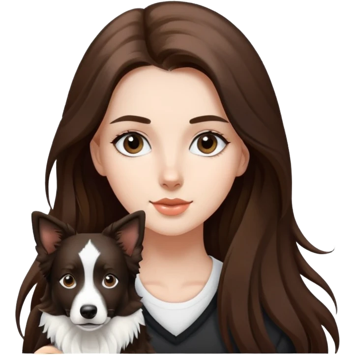 A beautiful girl with long brown hair walks a black and white Border Collie emoji
