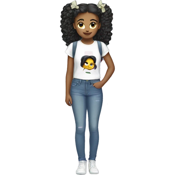 Girl with two bows in her hair and with a cute gen-z shirt and flared jeans emoji