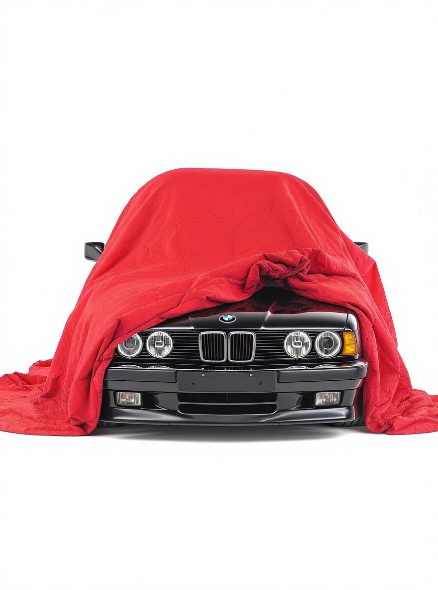 studio photo on a pure white background old black BMW E34 car is visible from under a red tent cover emoji