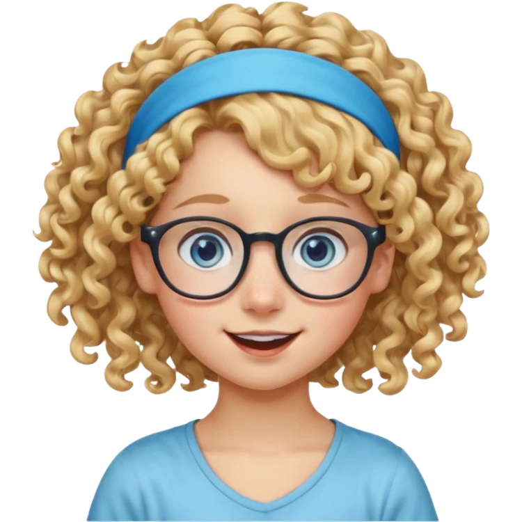 blond kid with unique face features and very curly hair kid girl happy and big glasess and big nose and very blue eyes and headband with freckles kind of nerd looking emoji