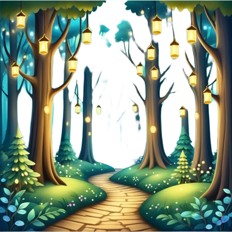 enchanted forest with tall trees and sparkling lights in a whimsical atmosphere emoji
