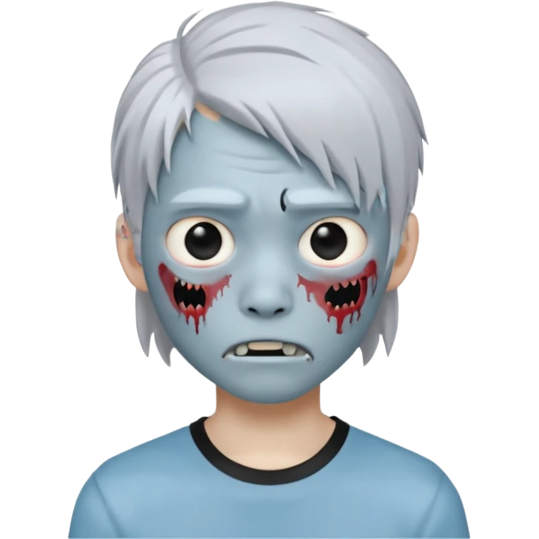 Create a 3D emoji-style avatar with very pale blue-grey zombie skin like the reference image, a young Asian face, and large eyes with white blood tears. Give it white mullet-style hair, silver hoop earrings, and a simple black T-shirt. The expression should be neutral or slightly angry emoji