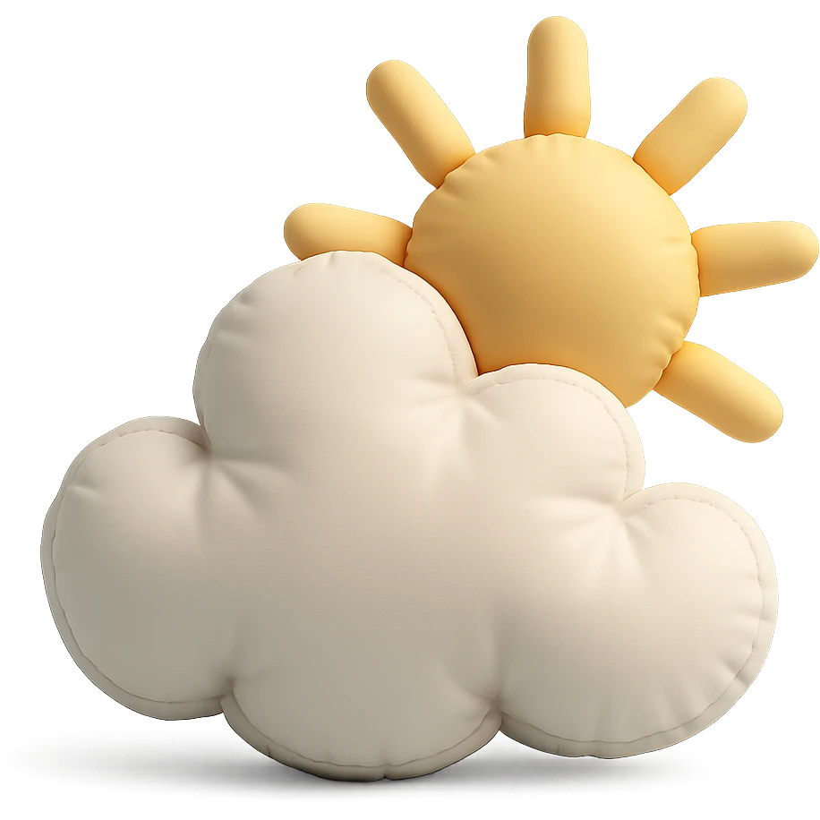 plush cushion cloud with sun rays, partly cloudy weather, soft edges, cushion style emoji