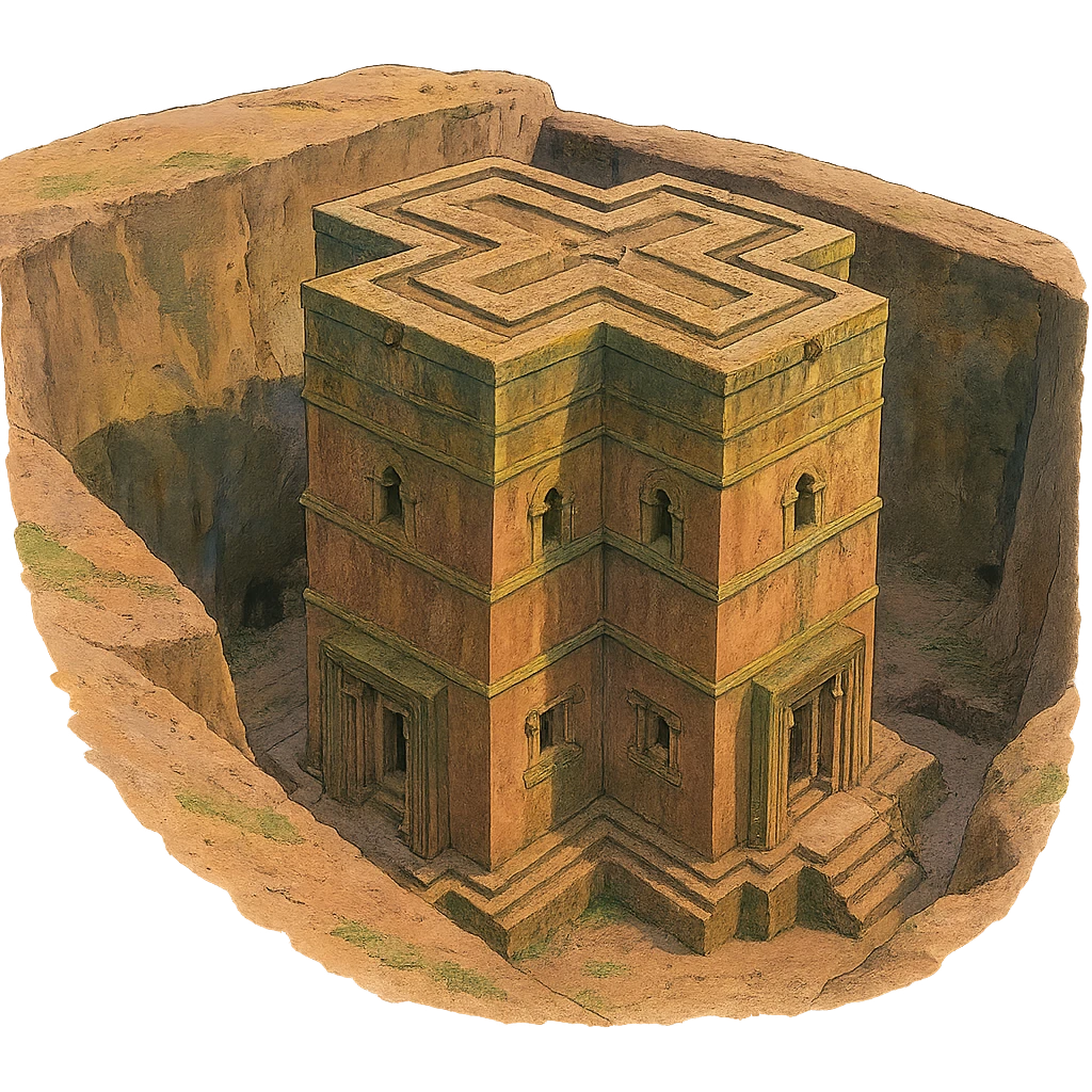 Create the rock hewn Church of Saint George in Lalibela, Ethiopia into a Ghibli style. Make it HD and precise. emoji