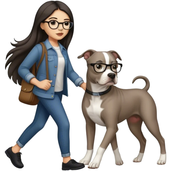 Girl with glasses and long dark hair walking grey pitbull emoji