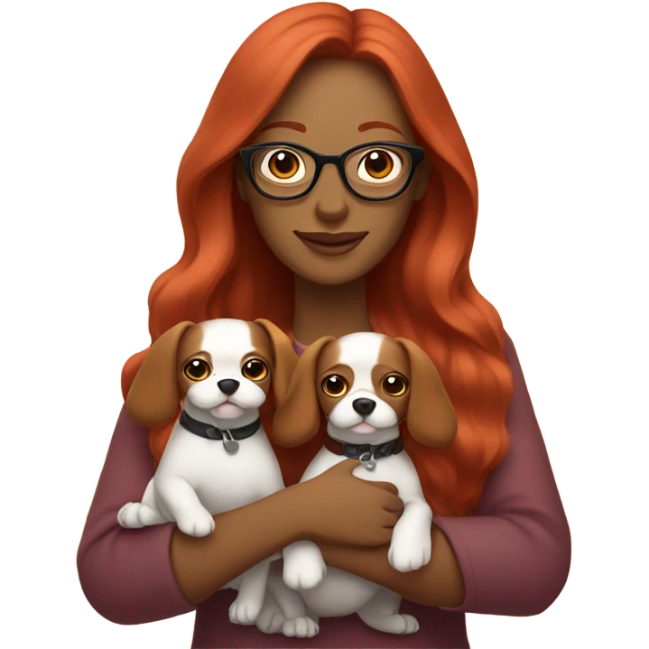 Mom with long red hair wearing glasses holding to small dogs emoji