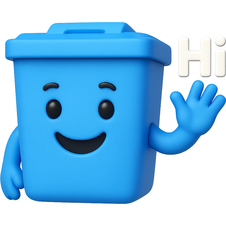 3D emoji style blue bin with a smiling face, waving and saying hi emoji