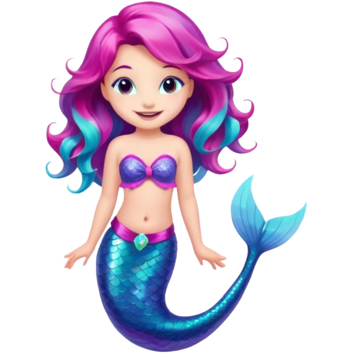 cute mermaid with sparkling pink, purple, and turquoise tail, smiling emoji