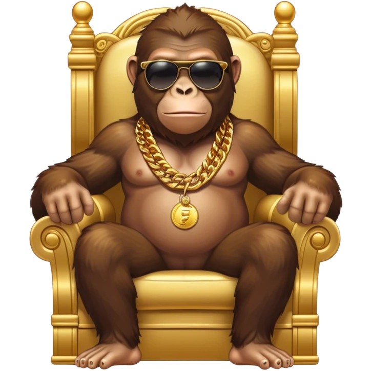 ape with big golden chain on the neck wearing sunglasses sitting in the armchair that stands on gold coins full height emoji