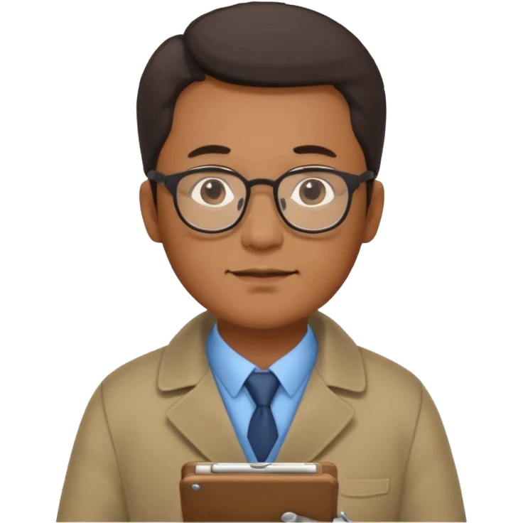 Middle-aged asian male vet – glasses, coat, writing notes on clipboard. emoji