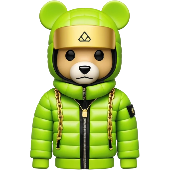 ultra-detailed bearbrick figure with perfect cube head and geometric body, wearing premium lime green balaclava with sleek integrated black visor lens at eyes, luxury oversized designer puffer jacket with prominent logo and lavish fur trim collar, heavy gold chains, streetwear icon emoji