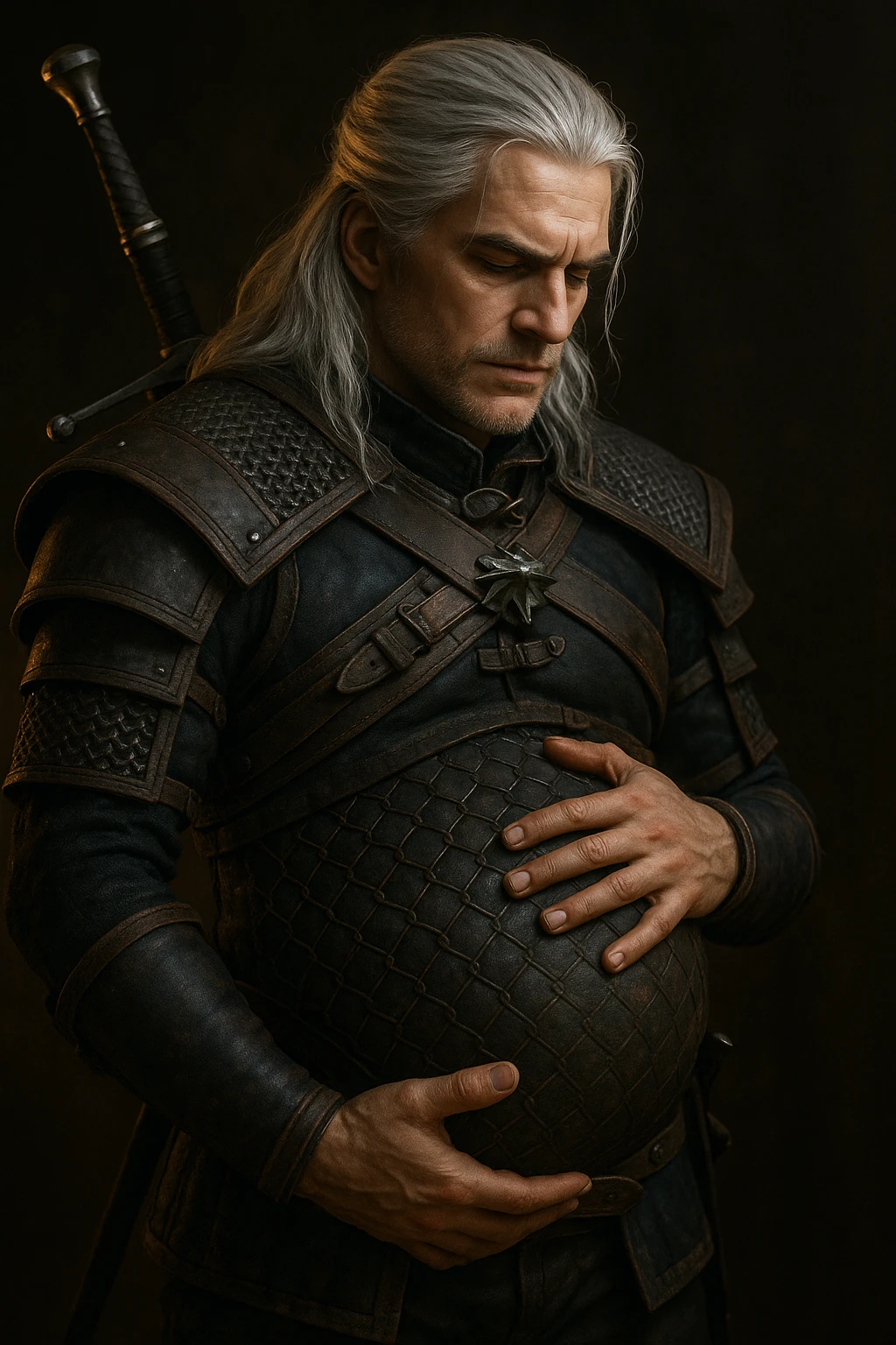 Geralt of Rivia holding his pregnant belly, 3D fantasy style, silver hair, medieval armor, dramatic lighting emoji