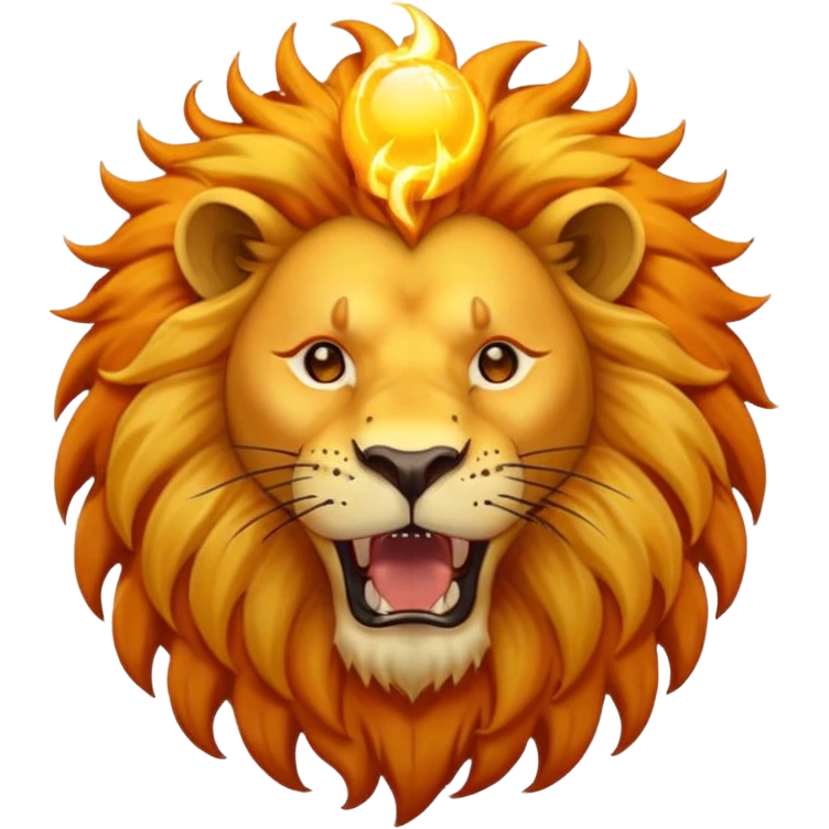 un lion avec la bouche ouverte. Au-dessus du lion, il y a un soleil. En plus, il y a des éclairs d’électricité qui se mêlent à la crinière du lion, comme s’il était chargé d’énergie. Le lion est vue de face emoji