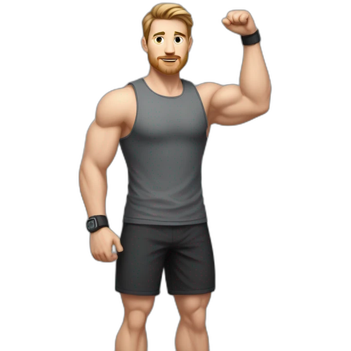 Full height realistic Actively gesturing with hands Pale skinned Fit Man With the biceps and brown hair in dark gray Sleeveless Mike, black oversize sports shorts, watch and white Sneakers emoji