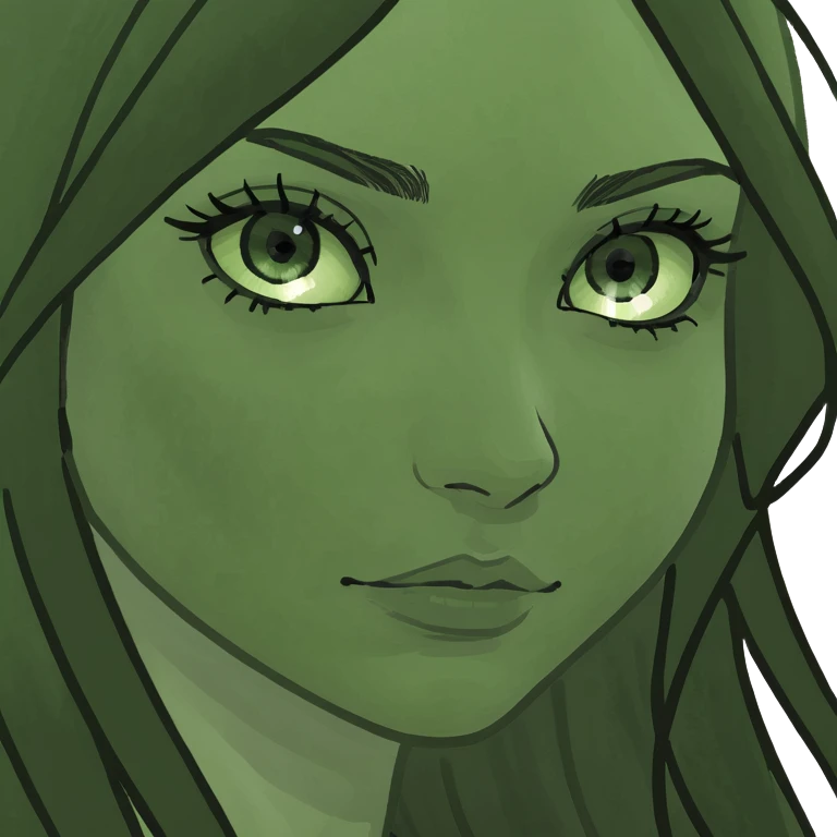 make some emojis of a girl with long and black hair and green eyer emoji