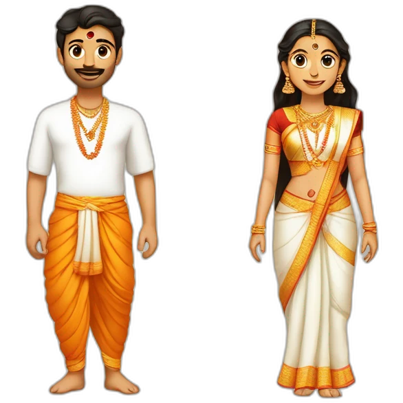 a hindu couple (male - fair, in late 20s, wearing traditional dhoti with tilak and janeyu), female (early 20s, short and fair, wearing traditional and bindi)  emoji