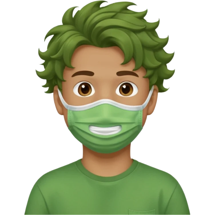 A teenage boy, tanned, wearing a green t-shirt , blue jeans and green sneakers with brown wavy tousled hair, smirking, wearing a green face mask emoji