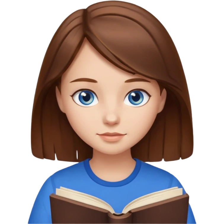 a girl with brown hair and blue eyes reading emoji