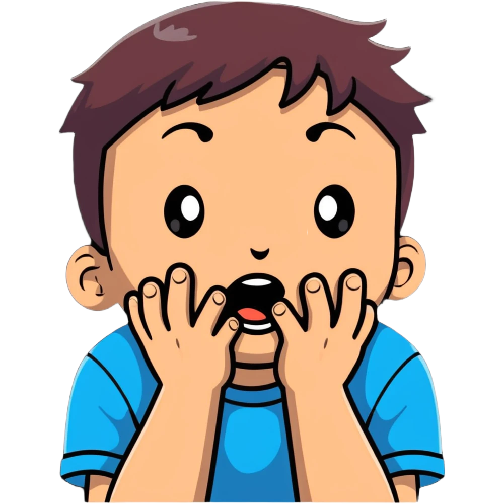 A young boy with both hands pressing on his cheeks, looking amazed or shocked emoji