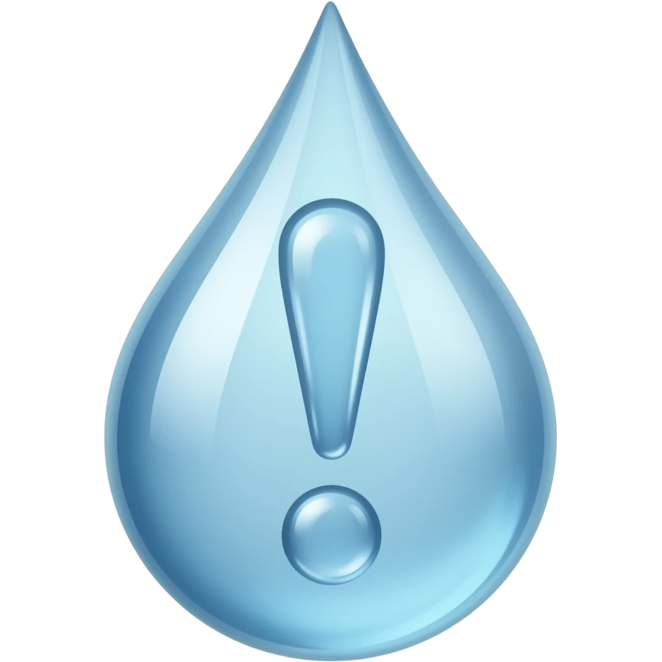 water drop exclamation mark, glossy, transparent, liquid effect, realistic, clean background emoji