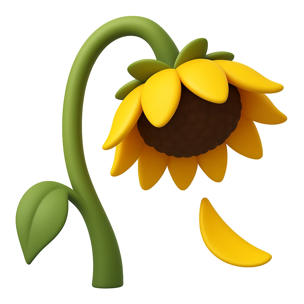 Create a wilted sunflower emoji with a drooping stem, one leaf, and a sunflower head with yellow petals and a brown center, with one petal fallen to the side. Match the style and pose of the provided image, but adapt it to a 3D emoji look similar to Microsoft style 3D fluent emojis. emoji