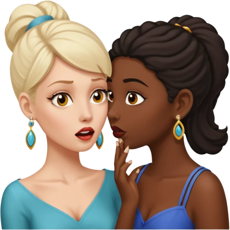Devious white woman whispers gossip in shocked black woman's ear. emoji