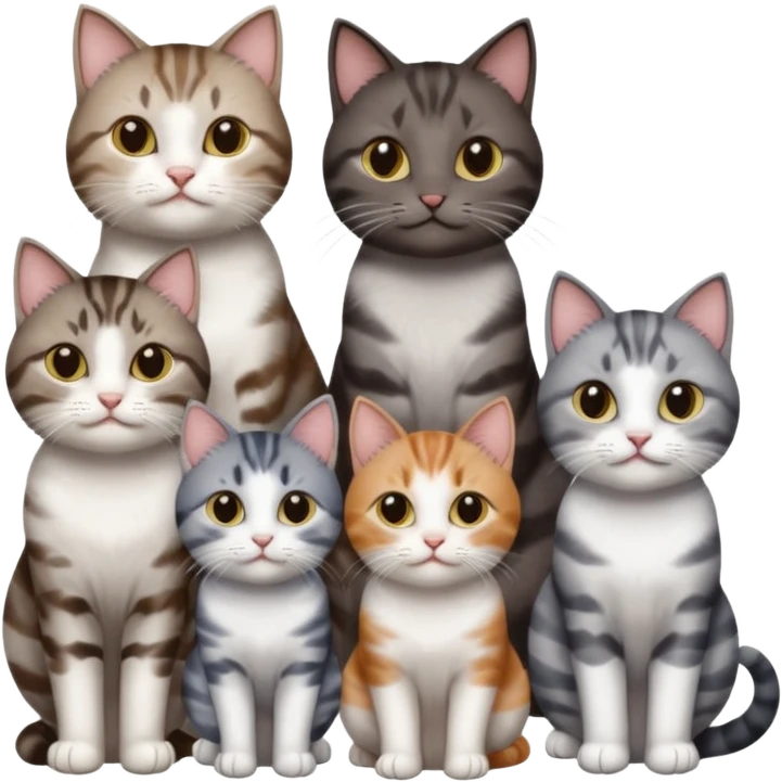 4 different coloured short haired cats including; a dark brown tabby and white cat, and a dark grey and white  emoji