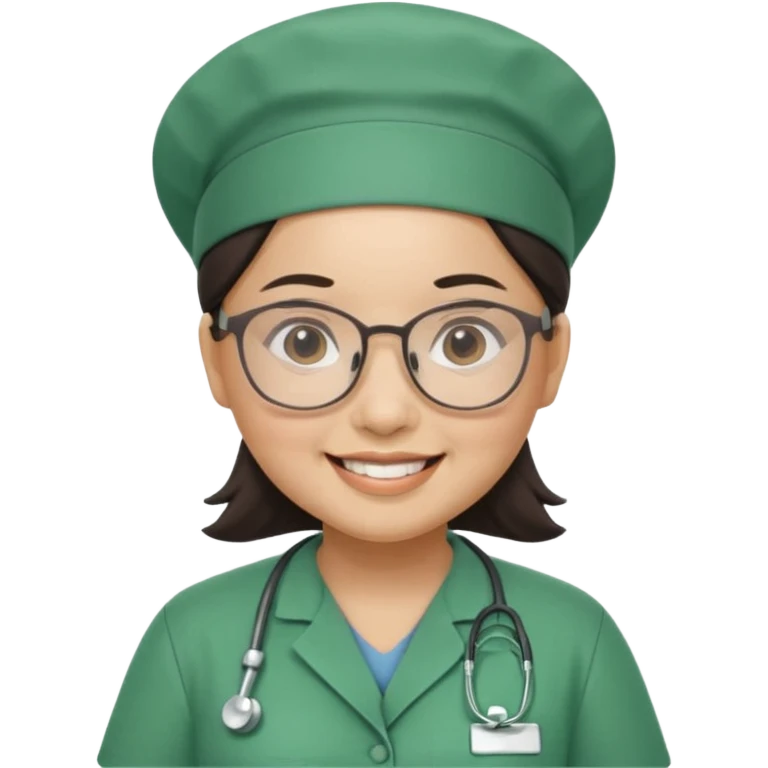 FILIPINA FEMALE NURSE, CHUBBY, NO HAIR, WITH GLASSES, GREEN SCRUBS, AND CAP, SMILING emoji